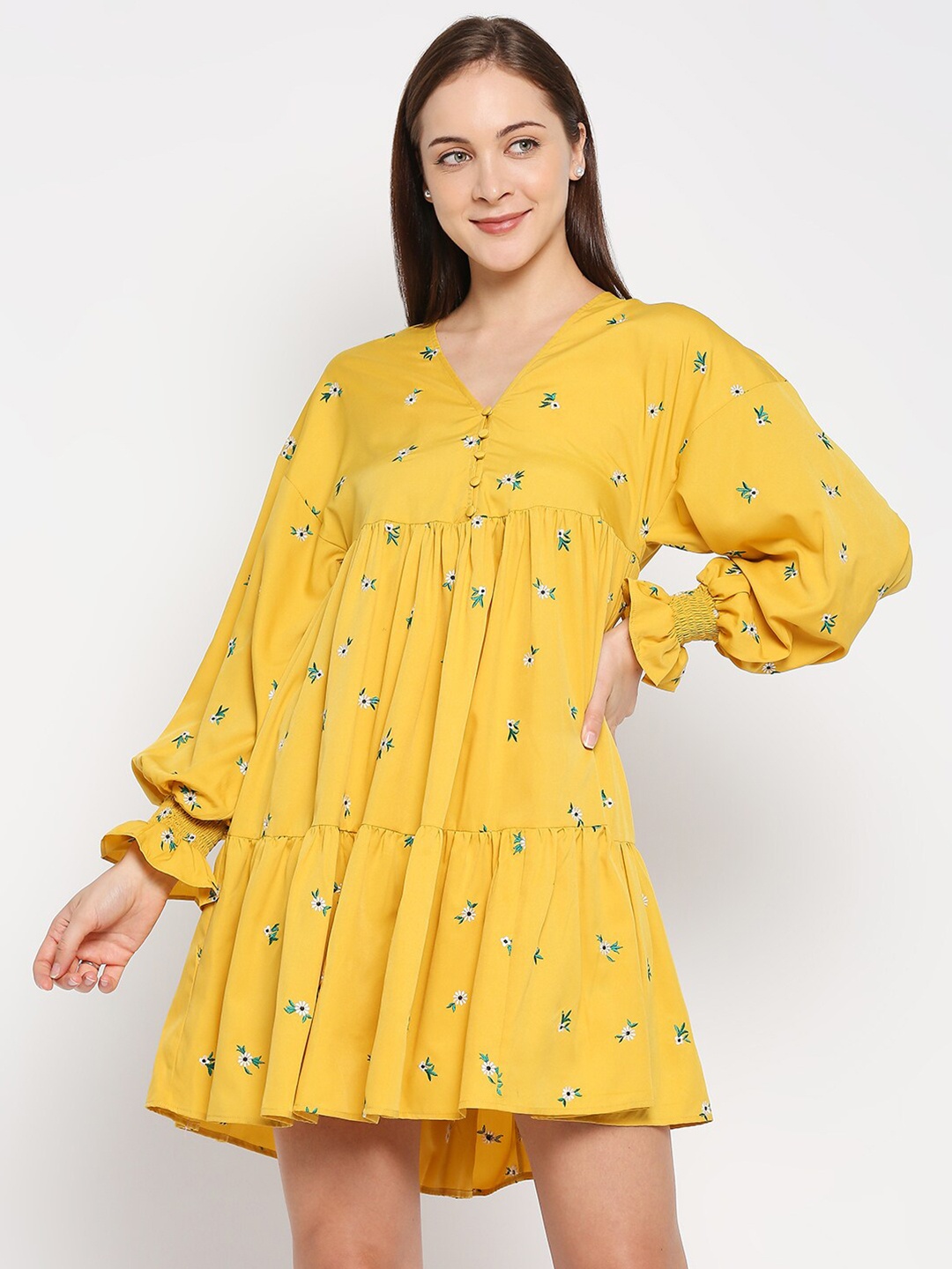 

aaliya Yellow Floral Tiered A-Line Dress