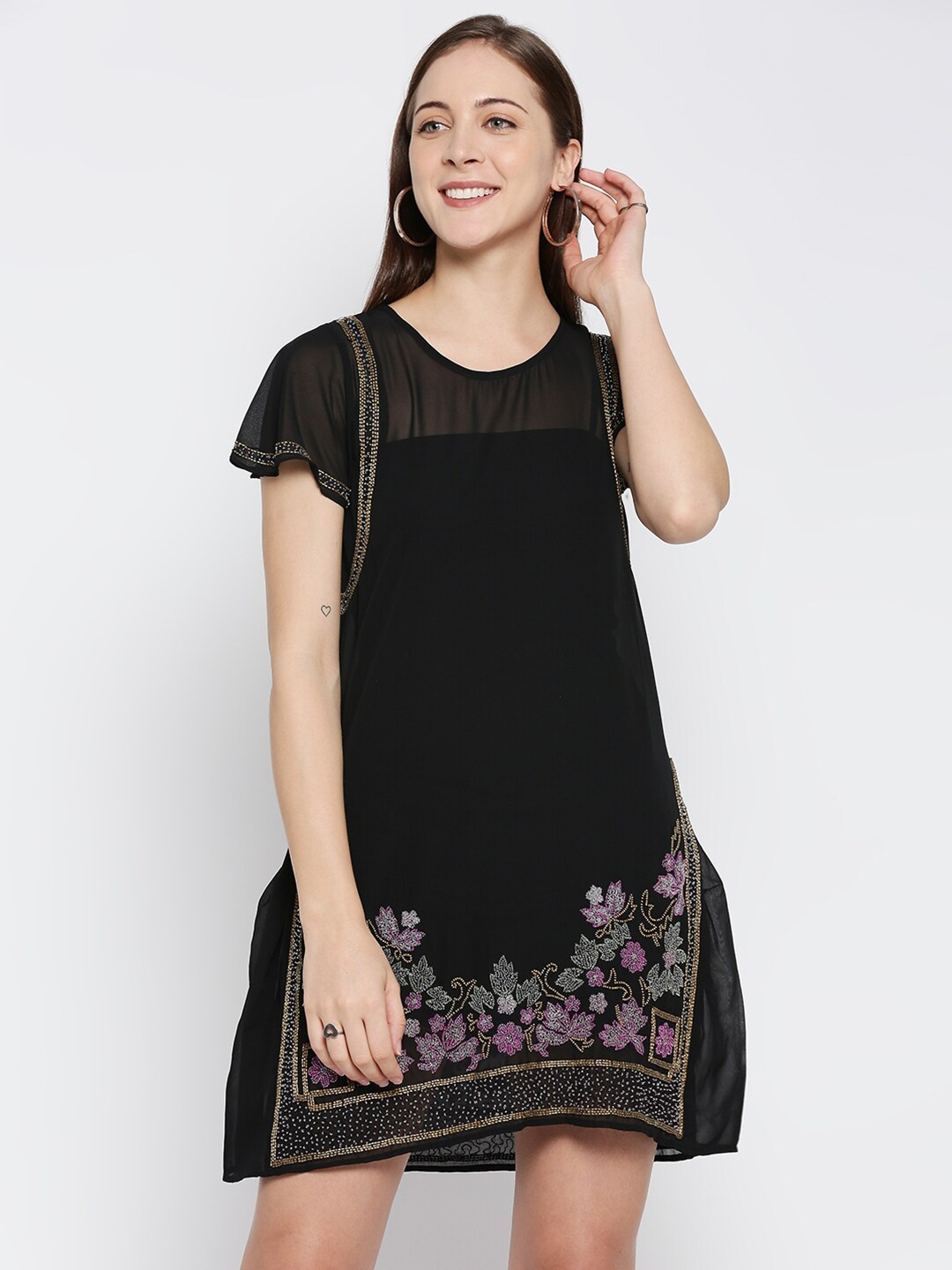 

aaliya Black Georgette A-Line Dress