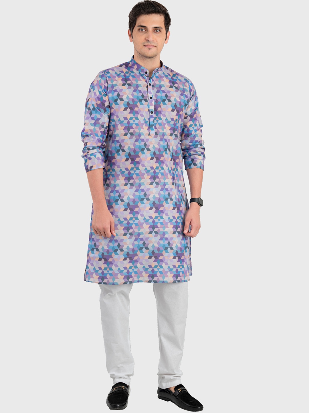 

SHIWAM ETHNIX Men Purple Geometric Printed Regular Straight Cotton Kurta, Blue