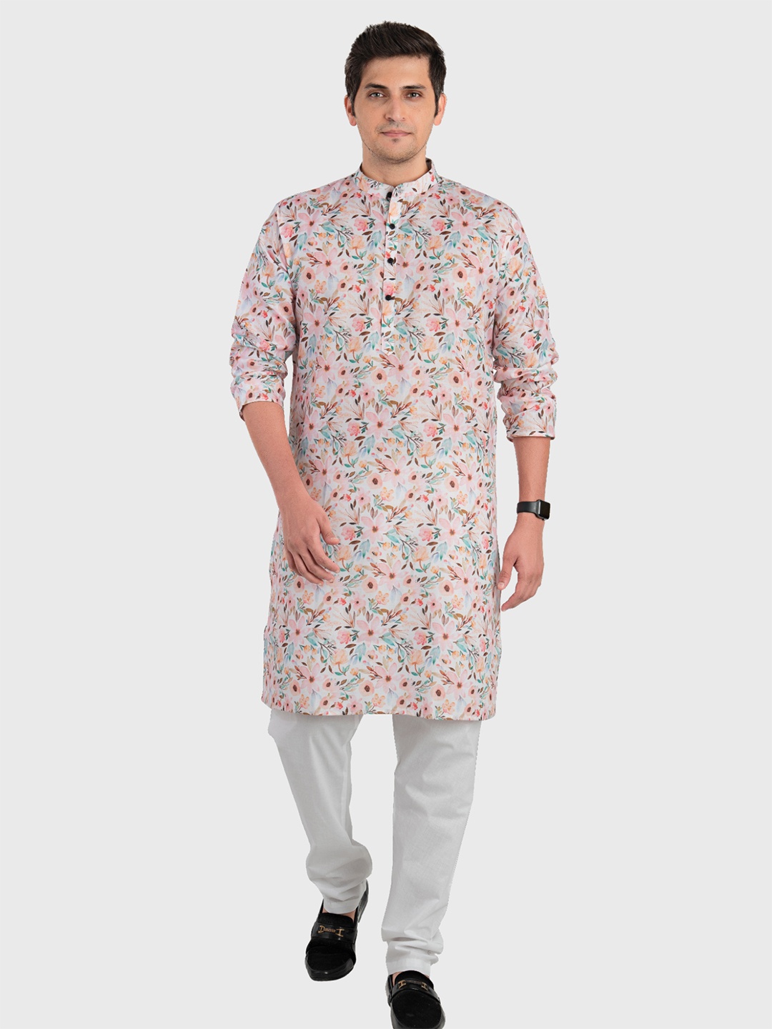 

SHIWAM ETHNIX Men Pink Floral Printed Regular Cotton Kurta