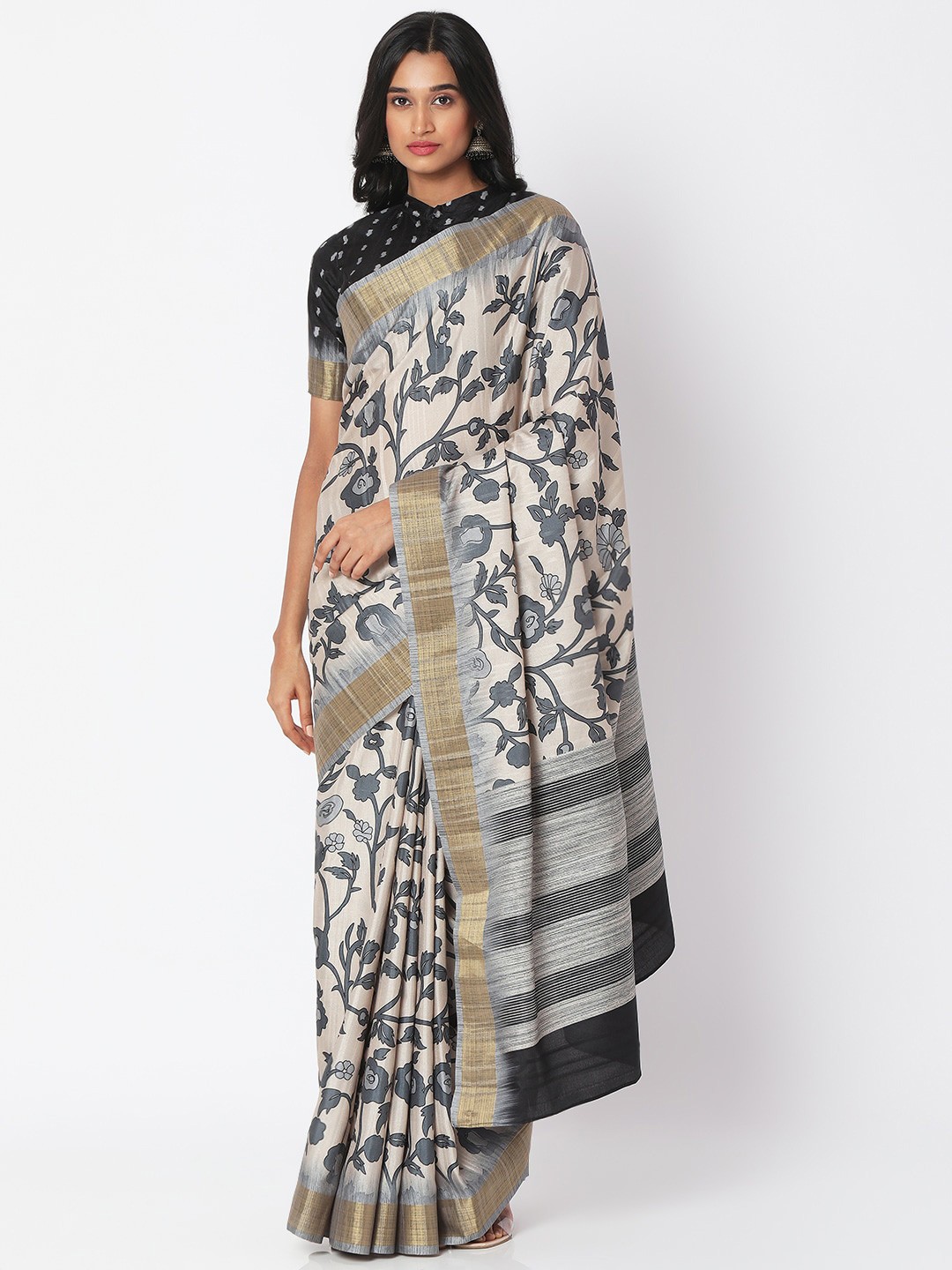 

SALWAR STUDIO Beige & Black Floral Zari Art Silk Bhagalpuri Saree
