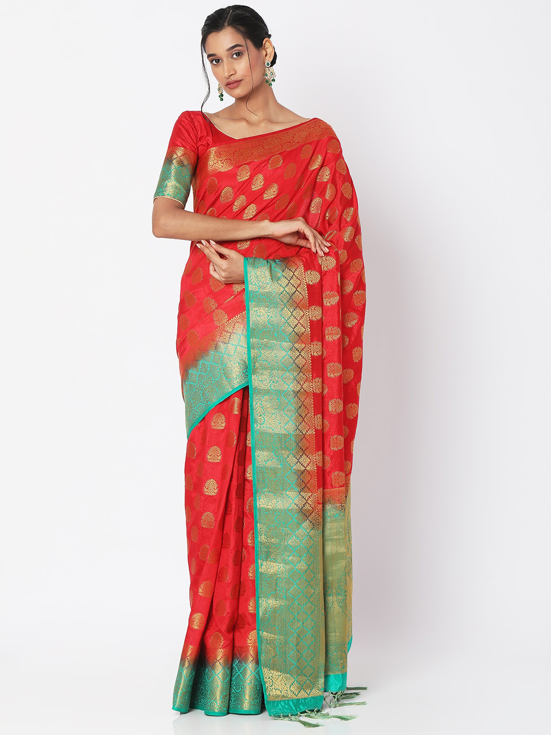 

SALWAR STUDIO Red & Green Woven Design Zari Art Silk Block Print Saree