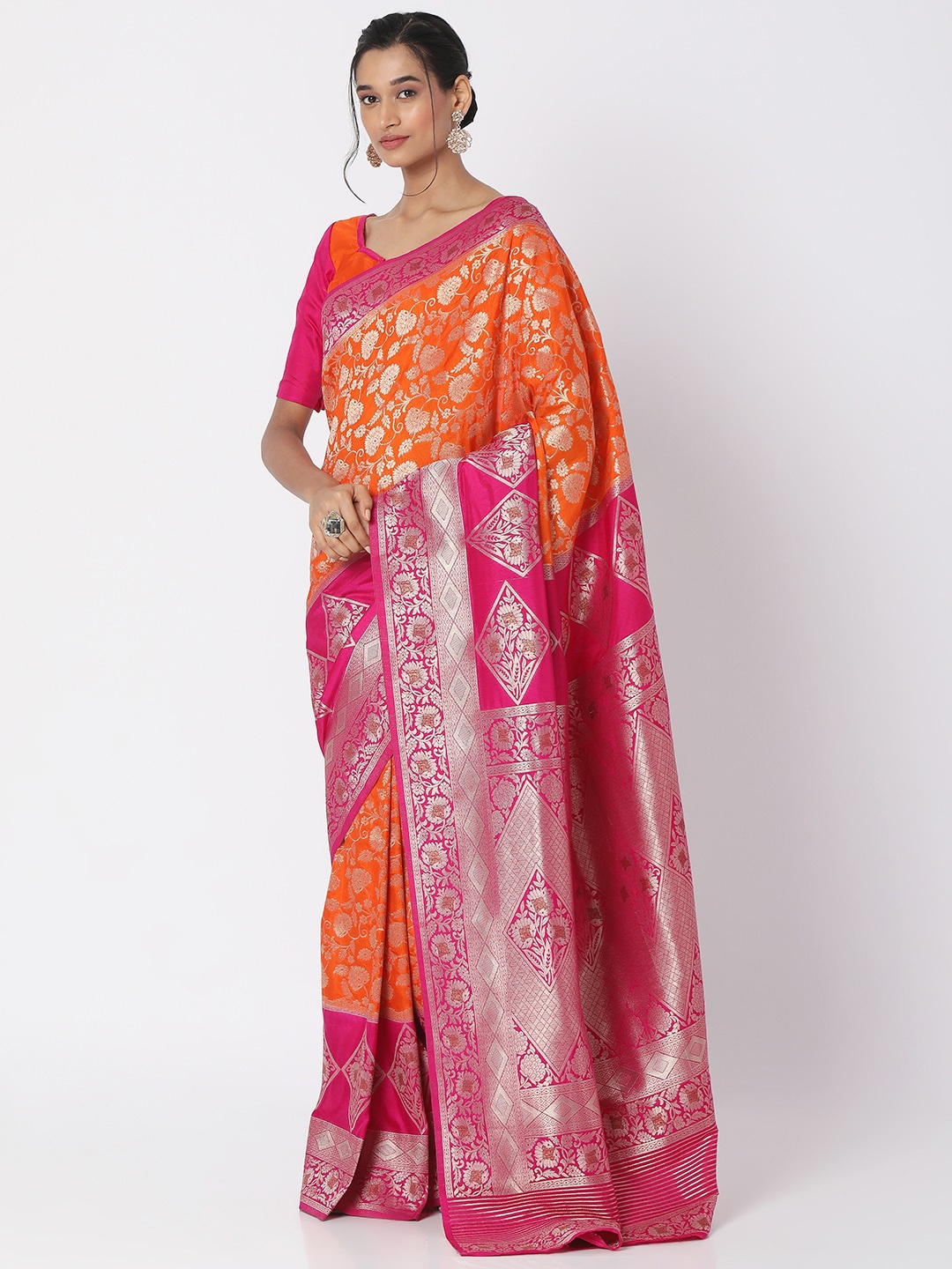 

SALWAR STUDIO Orange & Pink Woven Design Zari Brocade Block Print Saree