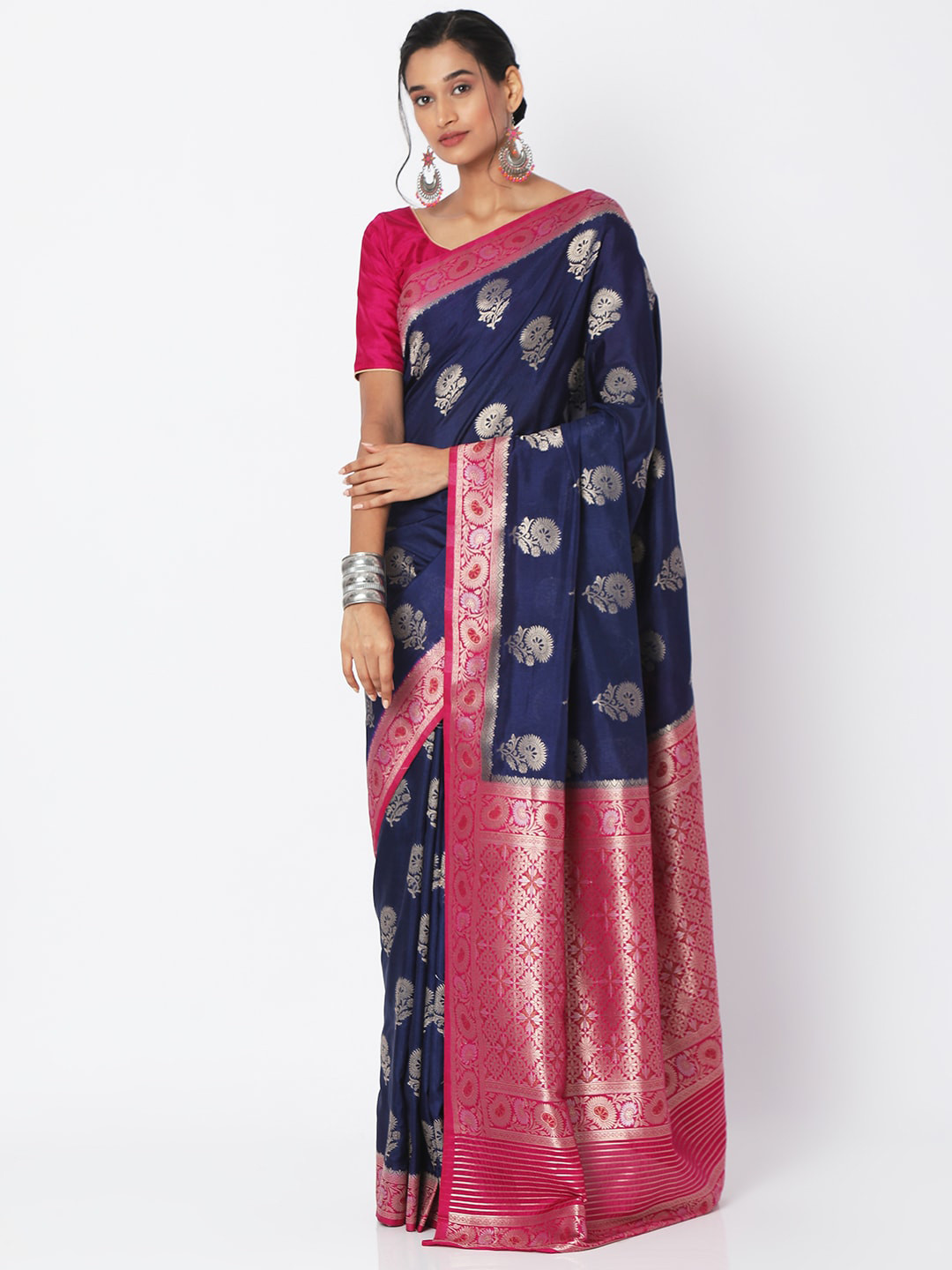 

SALWAR STUDIO Navy Blue & Pink Ethnic Motifs Zari Brocade Block Print Saree