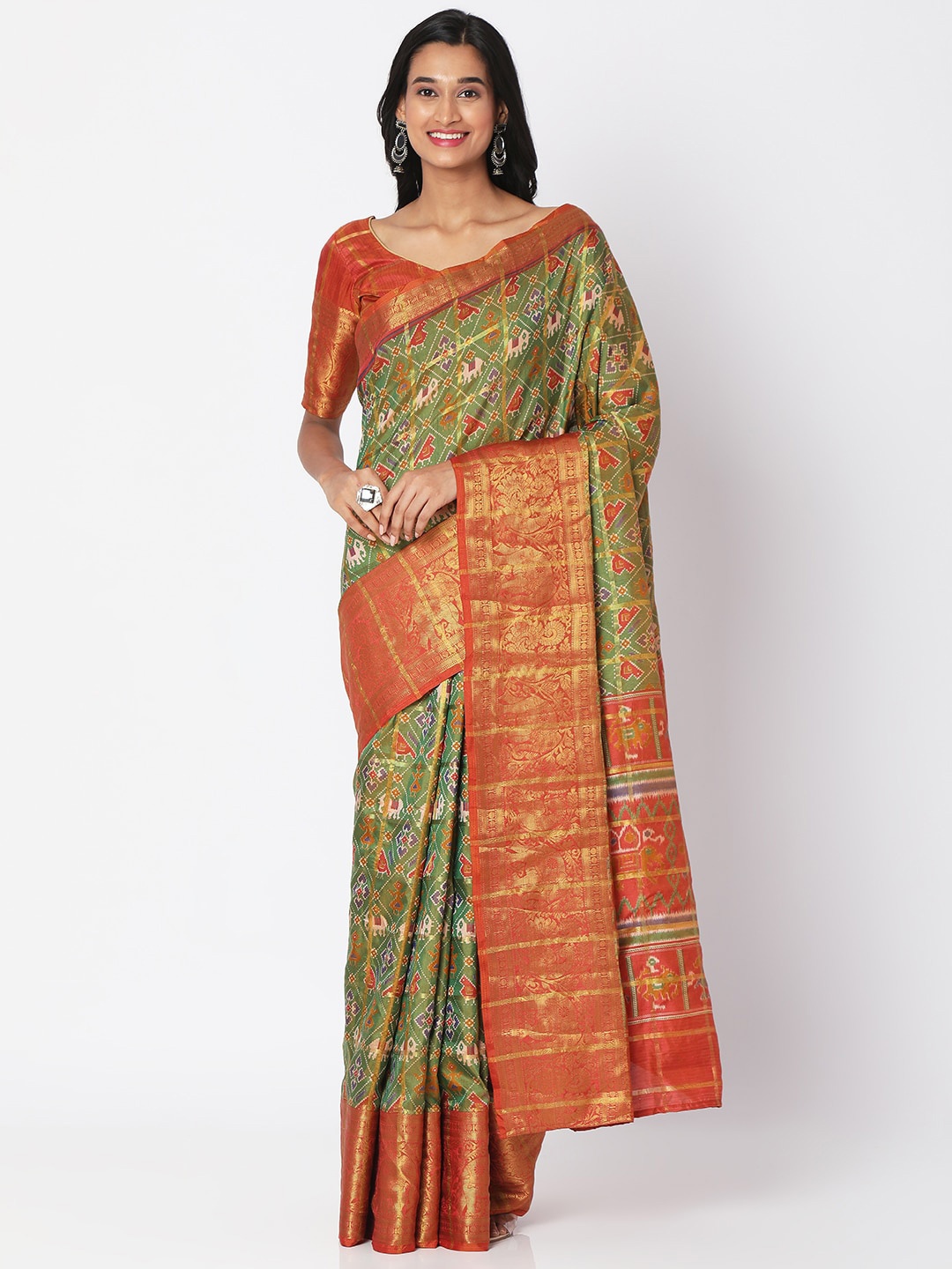 

SALWAR STUDIO Green & Red Ethnic Motifs Zari Silk Blend Patola Saree