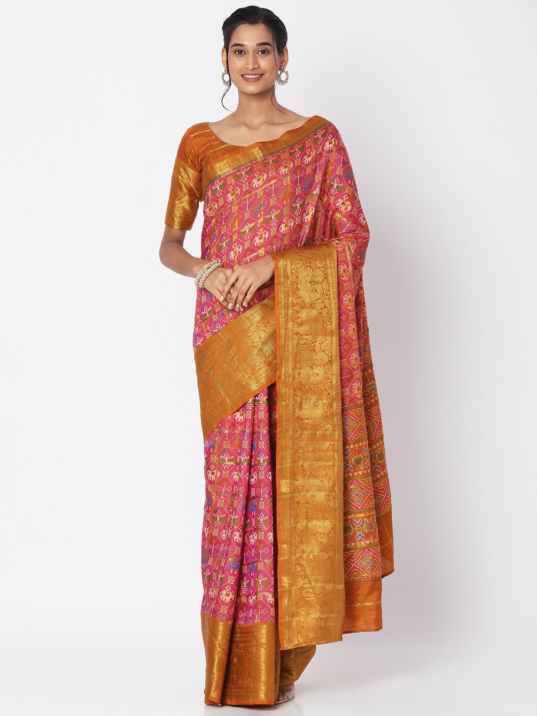

SALWAR STUDIO Pink & Mustard Ethnic Motifs Zari Silk Blend Patola Saree