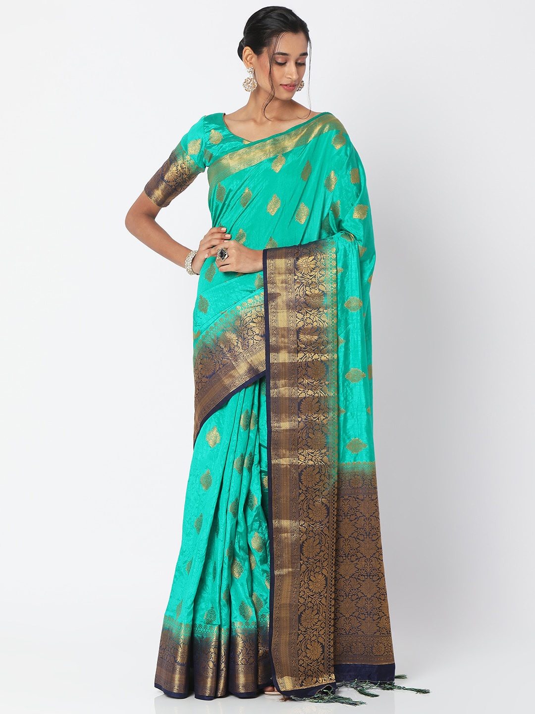 

SALWAR STUDIO Green & Navy Blue Woven Design Zari Art Silk Block Print Saree