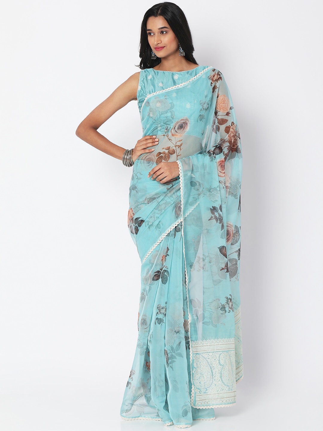 

SALWAR STUDIO Blue & Beige Floral Organza Saree