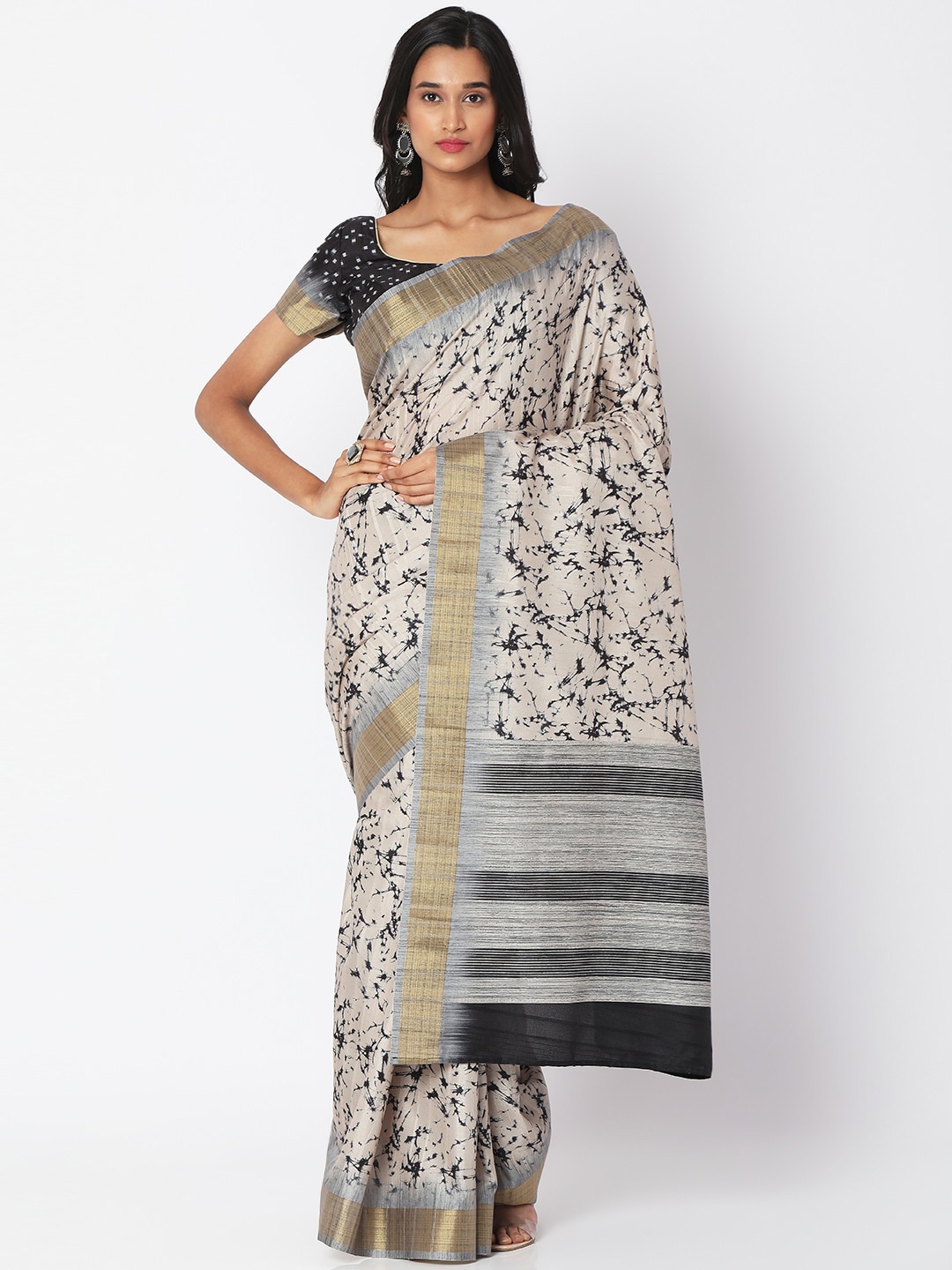 

SALWAR STUDIO Beige & Black Zari Art Silk Bhagalpuri Saree