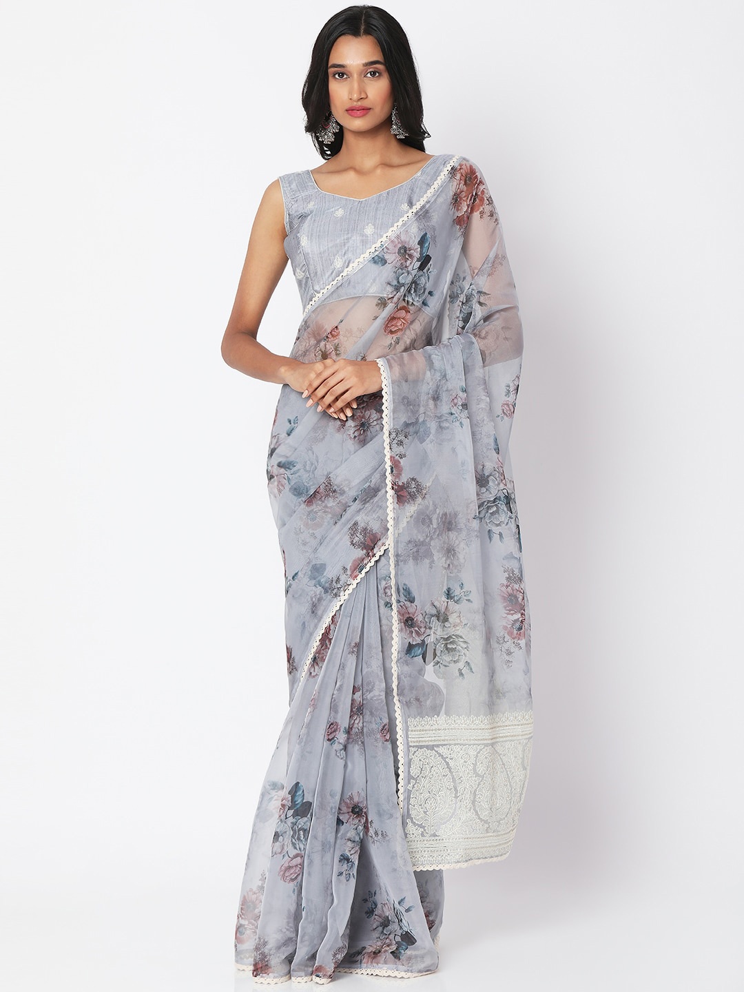 

SALWAR STUDIO Grey & Silver-Toned Floral Zari Organza Block Print Saree