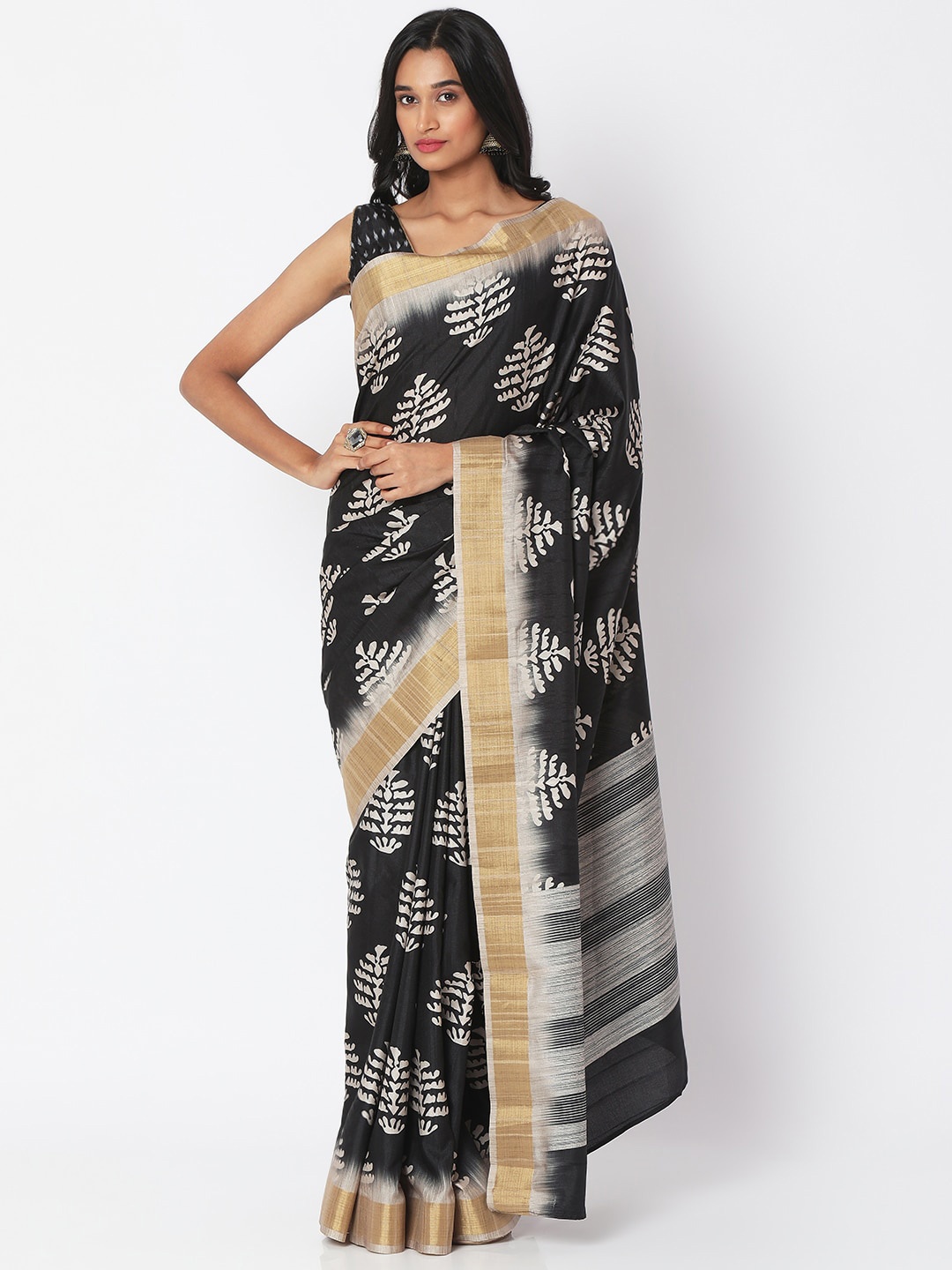 

SALWAR STUDIO Black & White Ethnic Motifs Zari Art Silk Bhagalpuri Saree