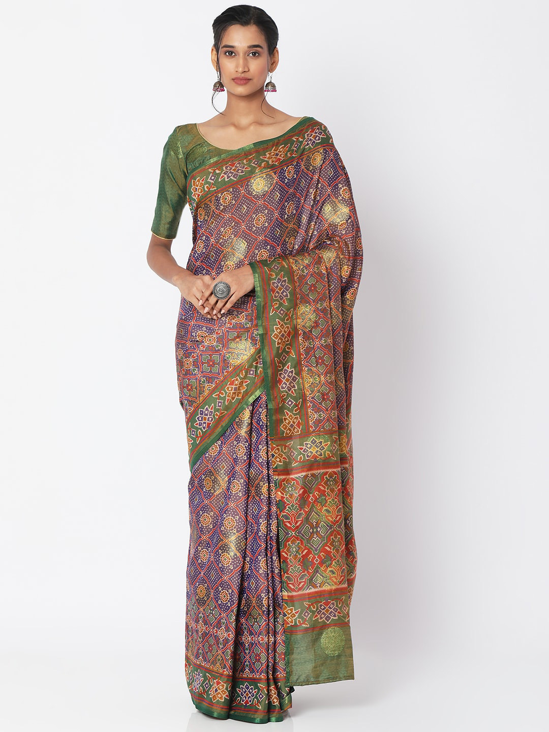 

SALWAR STUDIO Blue & Green Ethnic Motifs Silk Blend Patola Saree