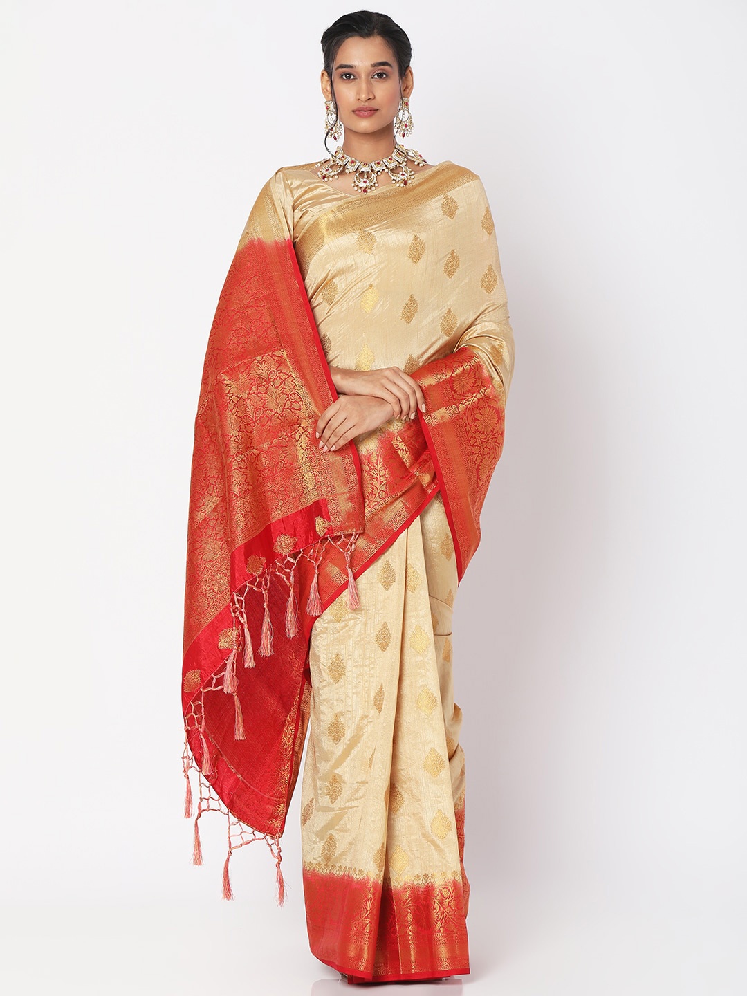 

SALWAR STUDIO Beige & Red Ethnic Motifs Zari Art Silk Block Print Saree