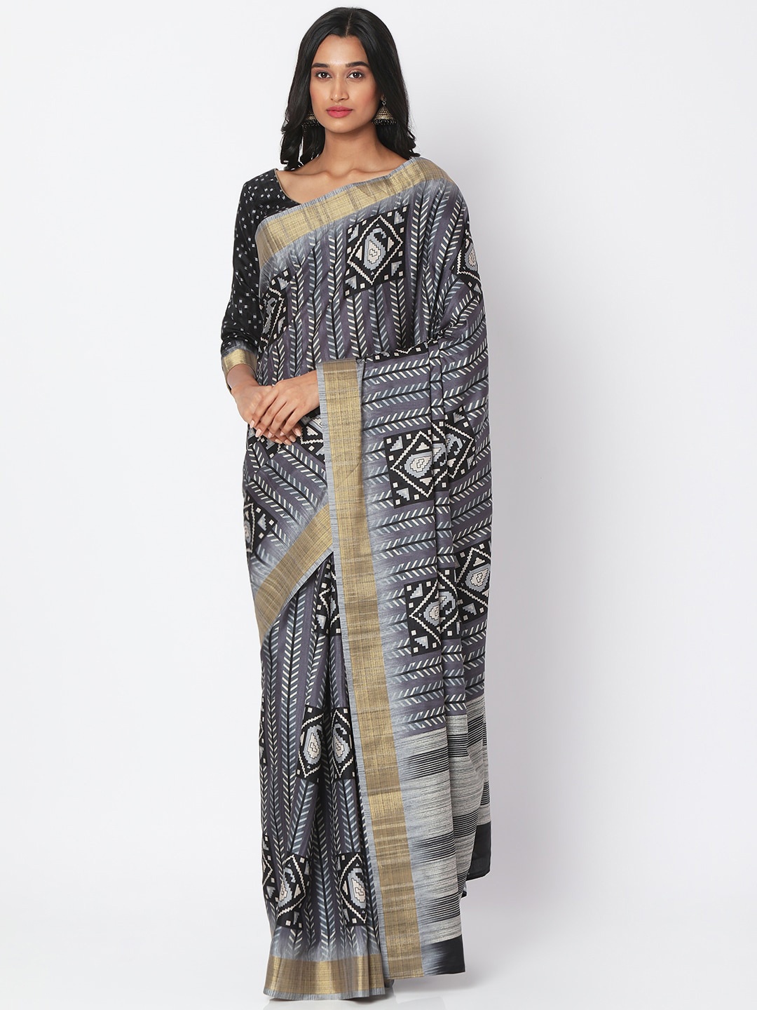 

SALWAR STUDIO Grey & Gold-Toned Ethnic Motifs Art Silk Bhagalpuri Saree