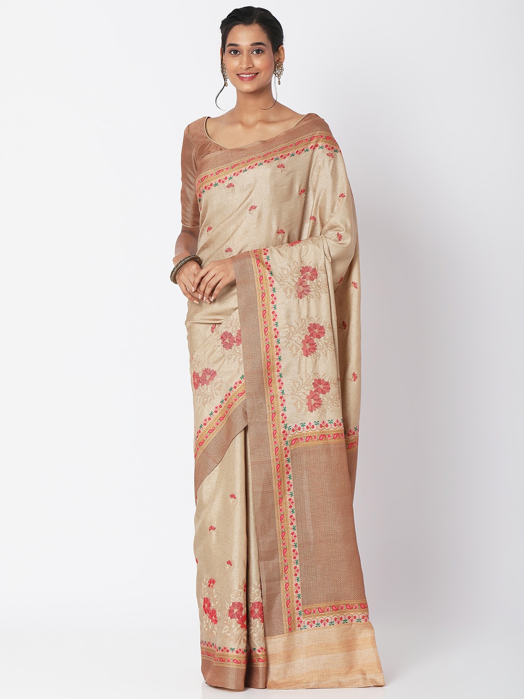 

SALWAR STUDIO Beige & Orange Floral Zari Silk Blend Block Print Saree
