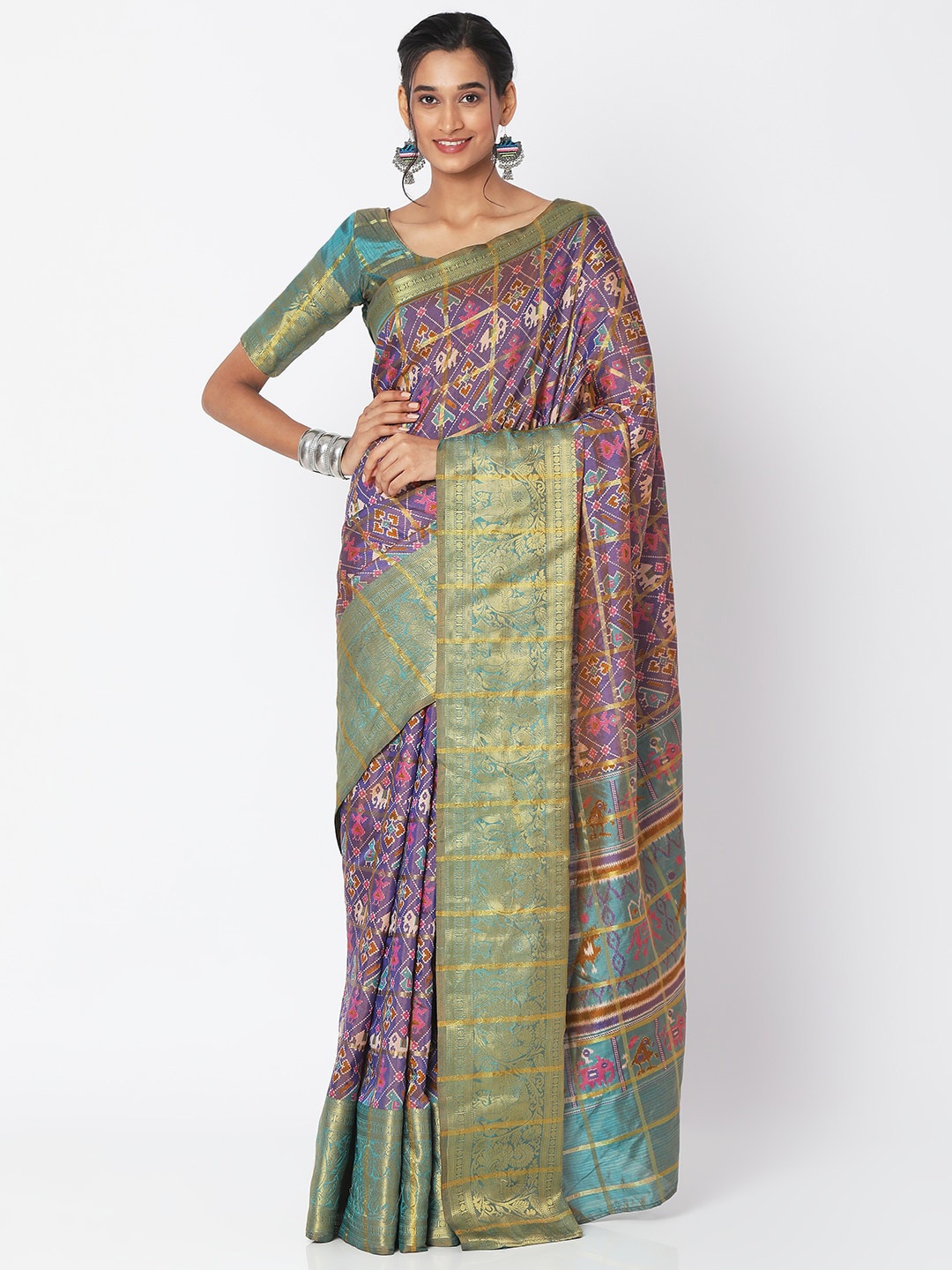 

SALWAR STUDIO Purple & Green Ethnic Motifs Zari Silk Blend Patola Saree