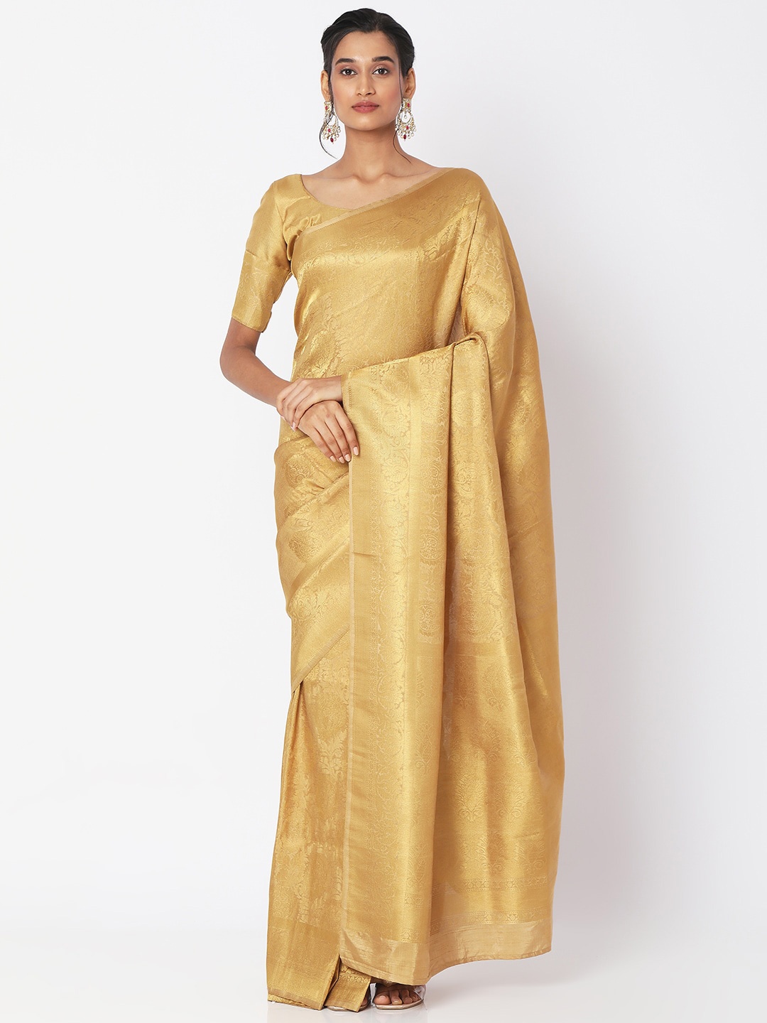 

SALWAR STUDIO Gold-Toned Ethnic Motifs Zari Brocade Block Print Saree