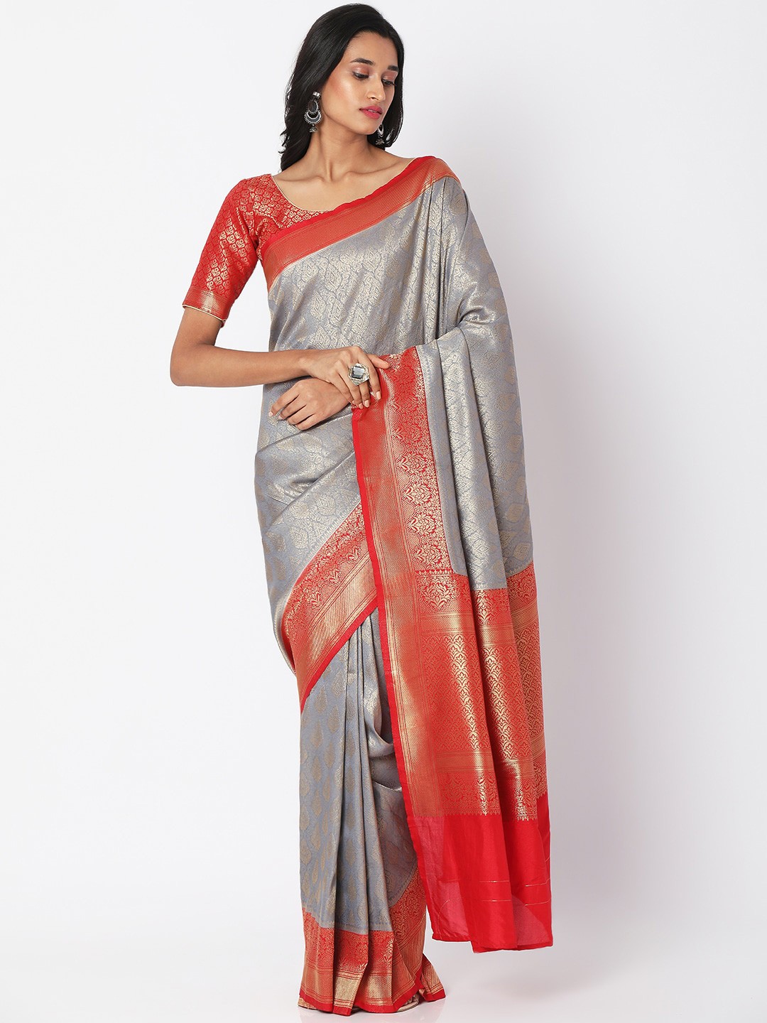 

SALWAR STUDIO Grey & Red Floral Zari Brocade Block Print Saree