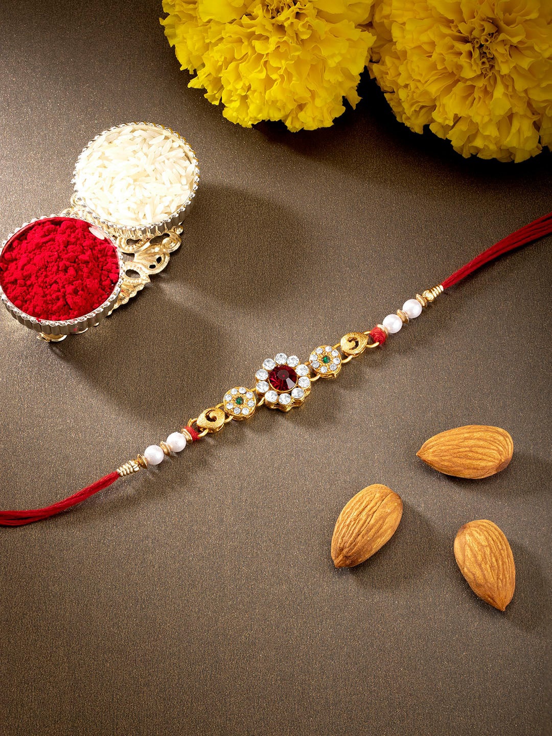 

Peora Men Red & White Kundan Studded Rakhi with Chawal Roli Greeting Card