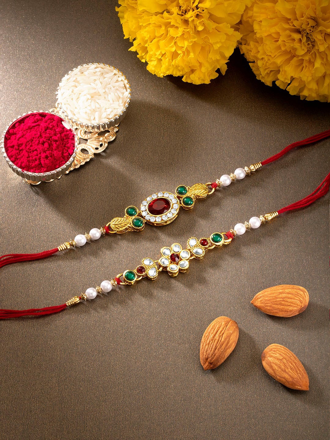 

Peora Set of 2 Beaded Rakhi for Brother with Chawal Roli Greeting Card (Combo ,Pack of 2), Multi