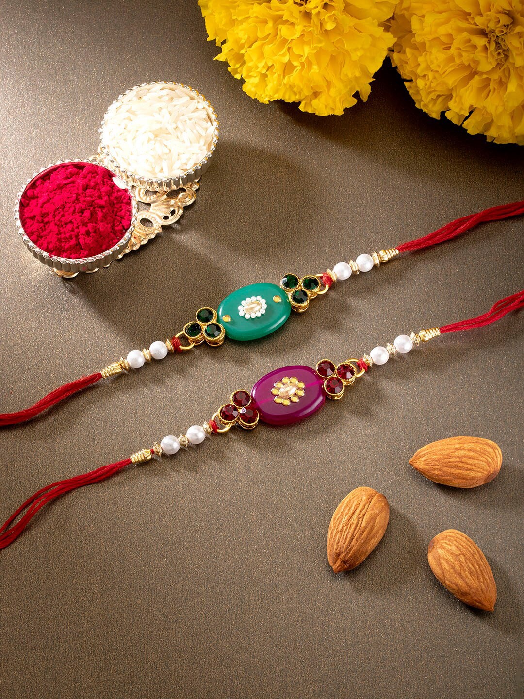 

Peora Men Set of 2 Gold-Toned Green & Red Rakhi with Chawal Roli Greeting Card