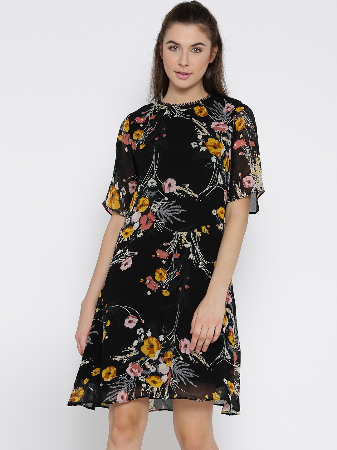 

Vaak Women Black Printed A-Line Dress