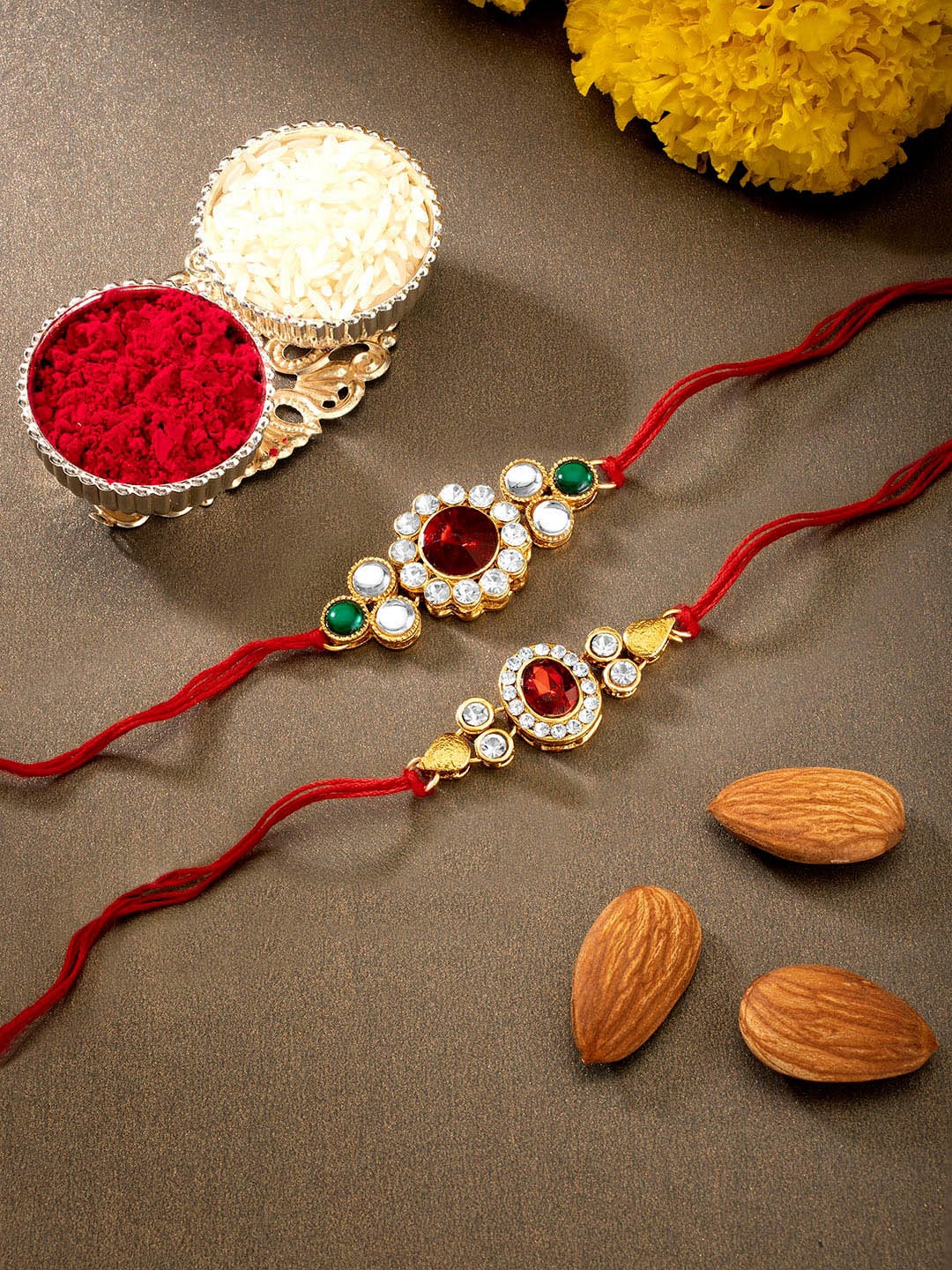 

Peora Men Set Of 2 Red Stone Studded Rakhi With Roli Chawal & Greeting Card