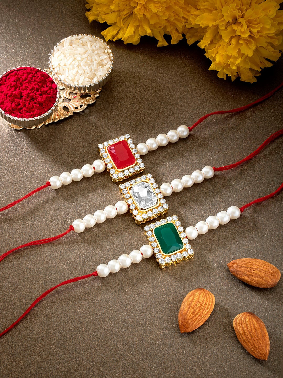 

Peora Multicoloured Set of 3 Rakhi with Roli Chawal & Greeting Card, Multi