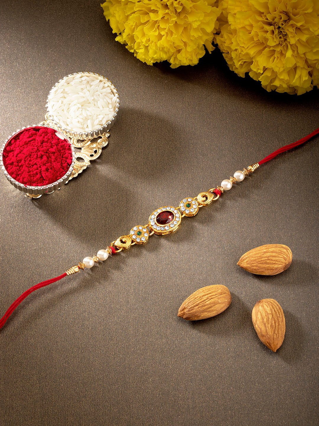 

Peora Men Red Stone Studded Rakhi With Roli Chawal & Greeting Card