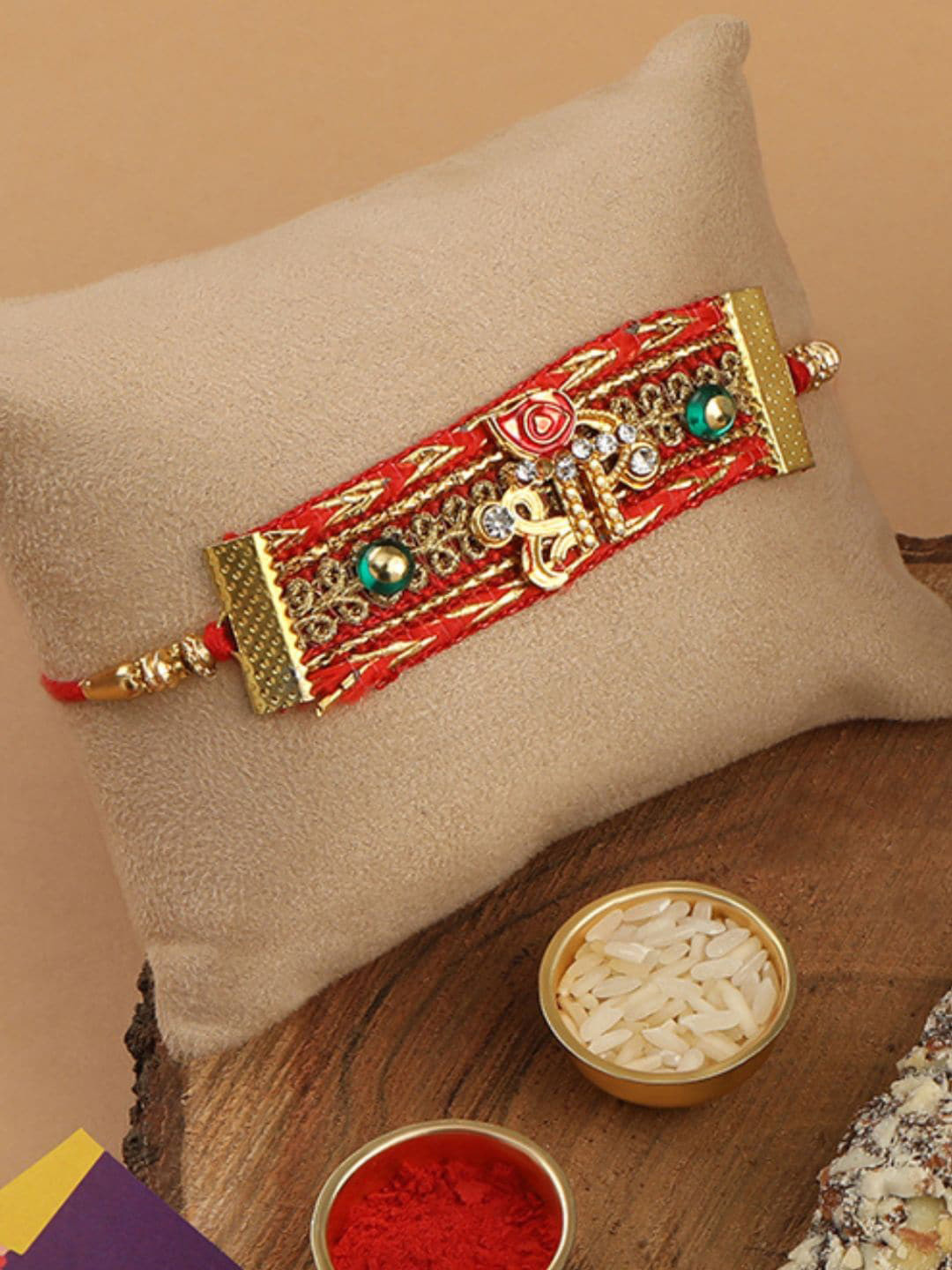 

Accessher Set of 3 Fabric Rakhi With Roli & Chawal, Red