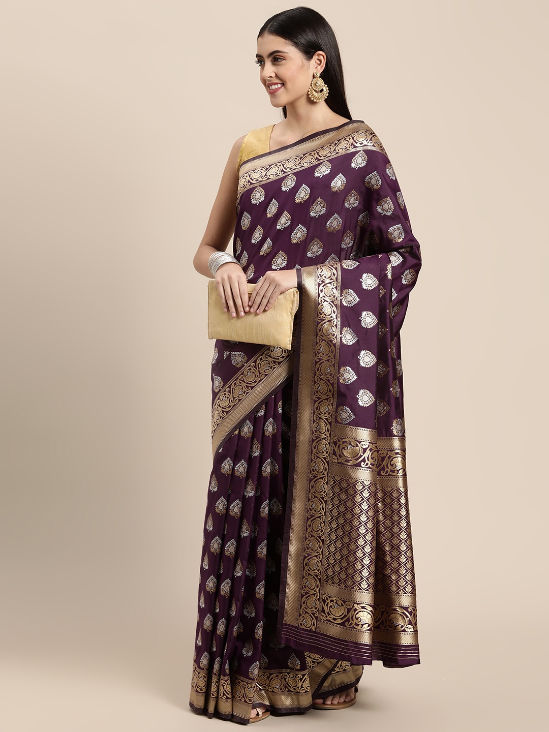 

Mitera Burgundy & Golden Woven Design Banarasi Saree