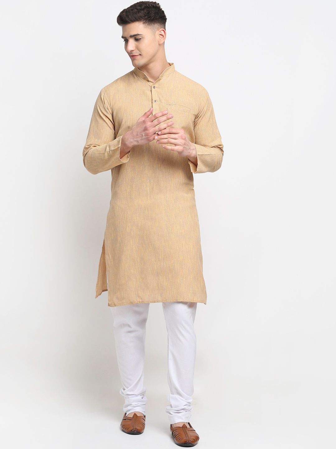

Benstoke Men Beige Pleated Kurta with Pyjamas