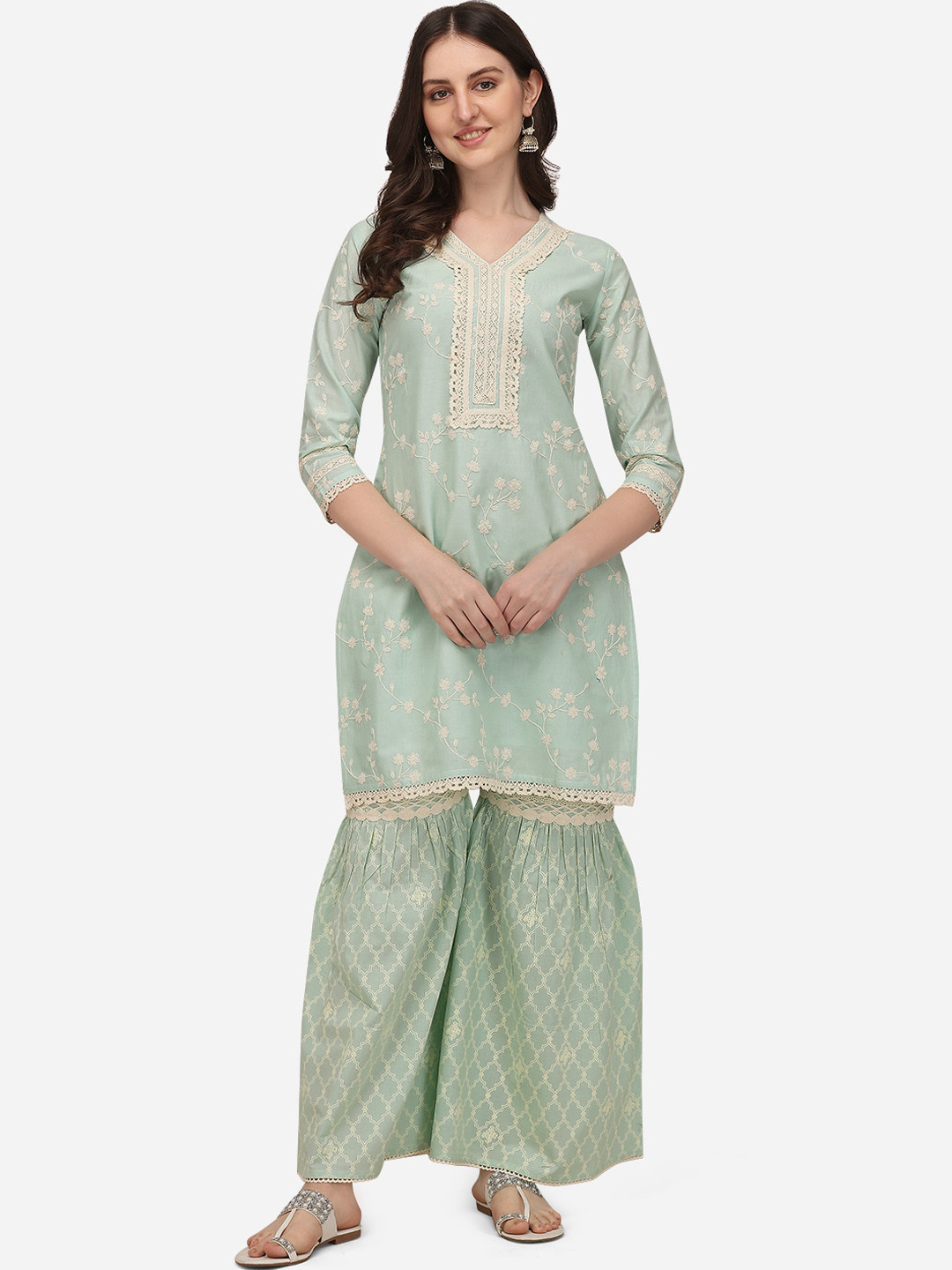 

Pure 9 Women's Sea Green Ethnic Motifs Embroidered Pure Cotton Kurta With Palazzos