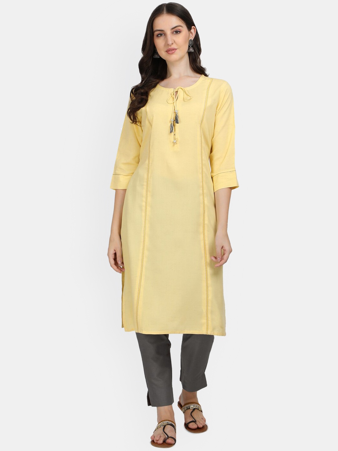 

Pure 9 Women Yellow & Grey Solid Kurta with Trousers