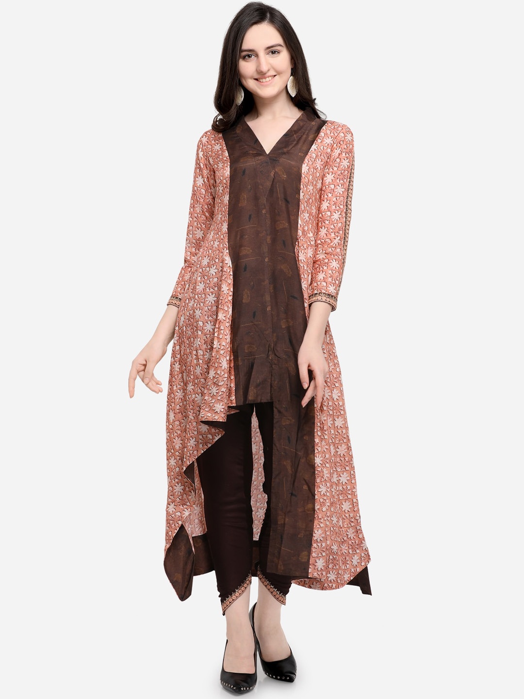 

Pure 9 Women Peach-Coloured Layered Kurta with Churidar & With Dupatta