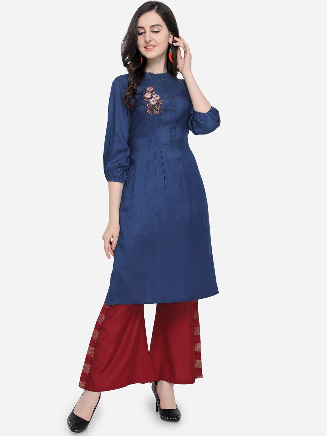 

Pure 9 Women Blue Embroidered Kurta with Sharara