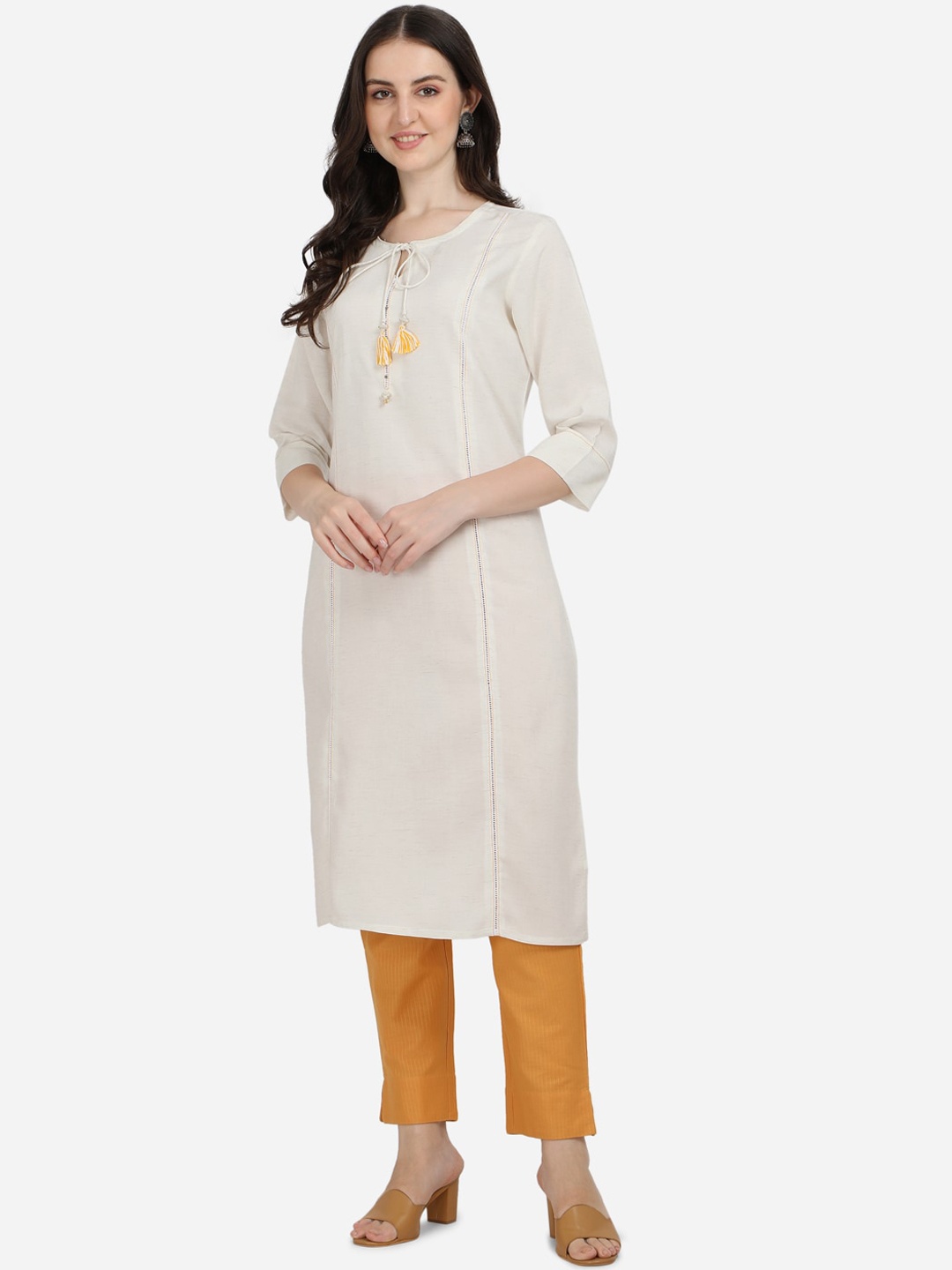 

Pure 9 Women Beige Straight Kurta with Trousers