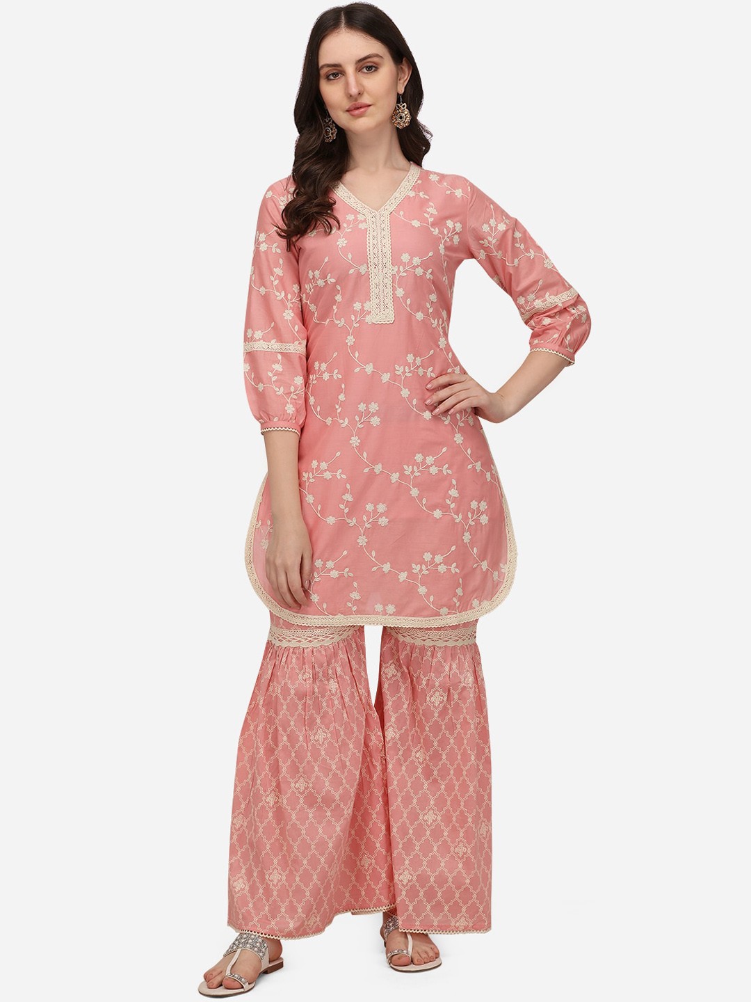 

Pure 9 Women Pink Ethnic Motifs Printed Pure Cotton Kurti with Sharara