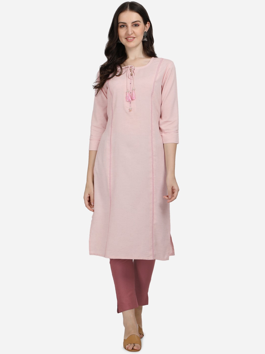 

Pure 9 Women Pink Tie-Up Neck Panelled Kurta with Trousers