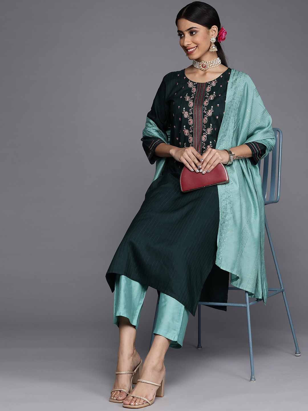 

Varanga Women Green Yoke Design Thread Work Dupion Silk Kurta with Trousers & Dupatta