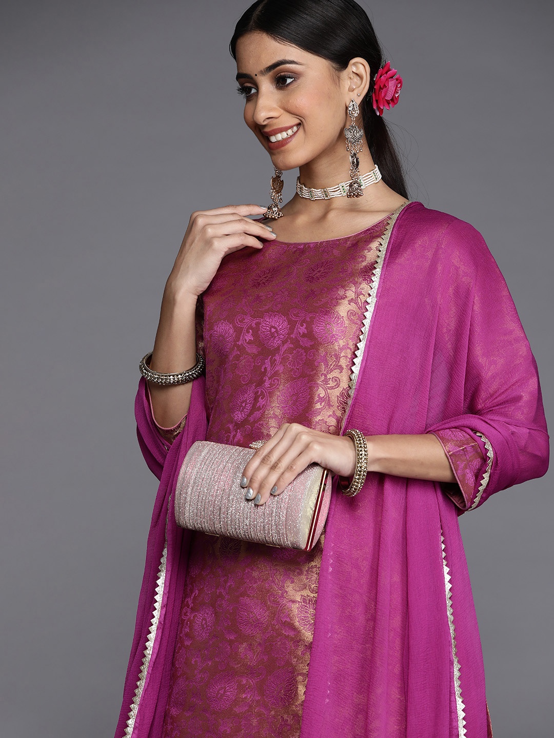 

Varanga Women Magenta Ethnic Motifs Kurta with Trousers & With Dupatta