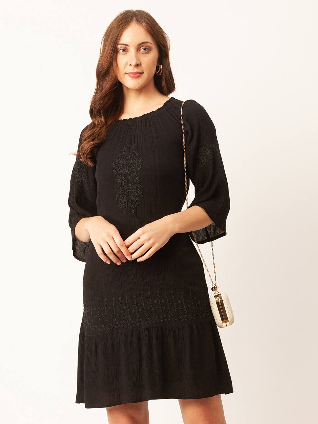 

ZOLA Women Black & brown Hand Embroidered A-Line Dress