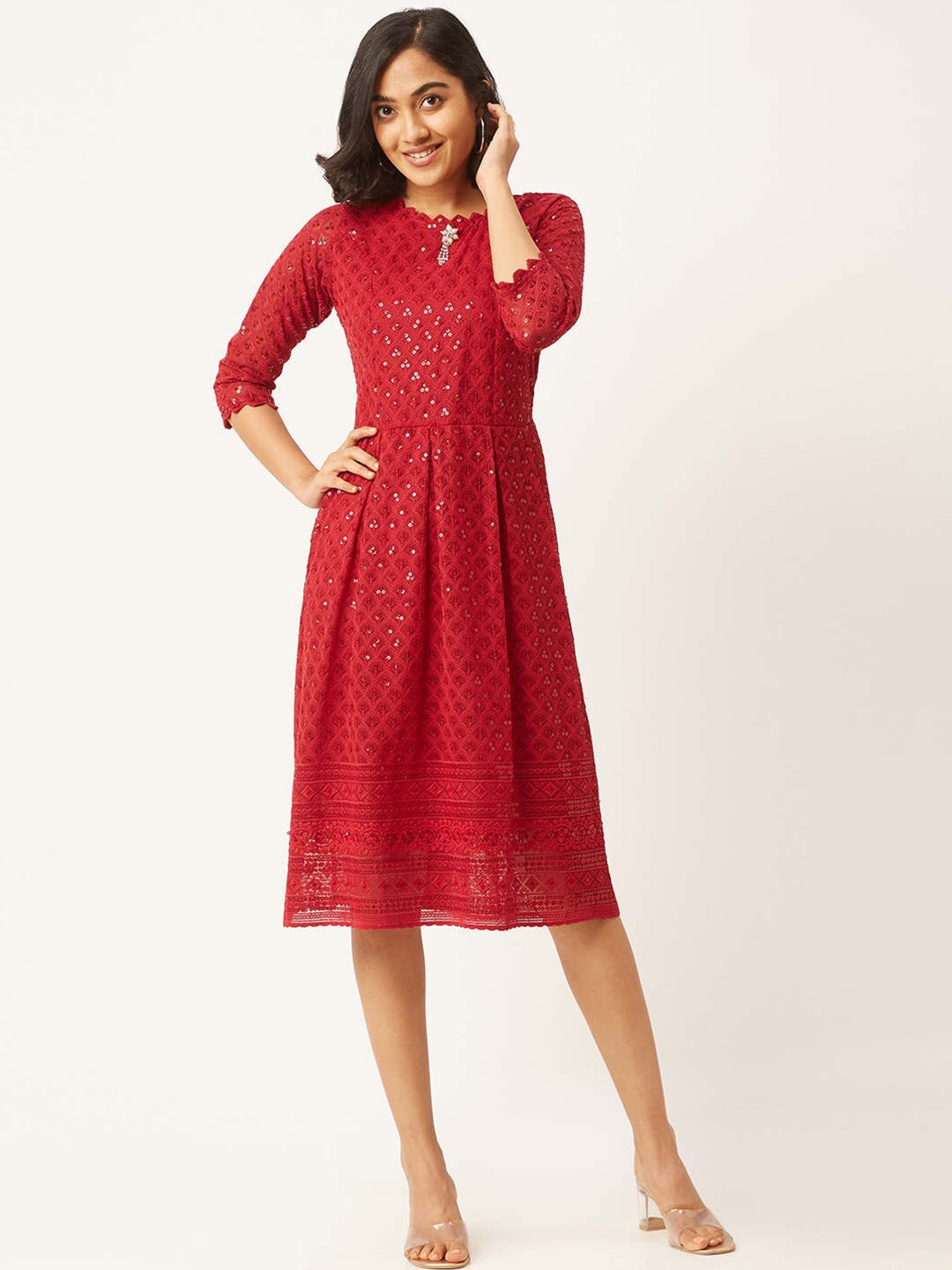 

ZOLA Women Maroon Ethnic Motifs Embroidered Georgette Dress