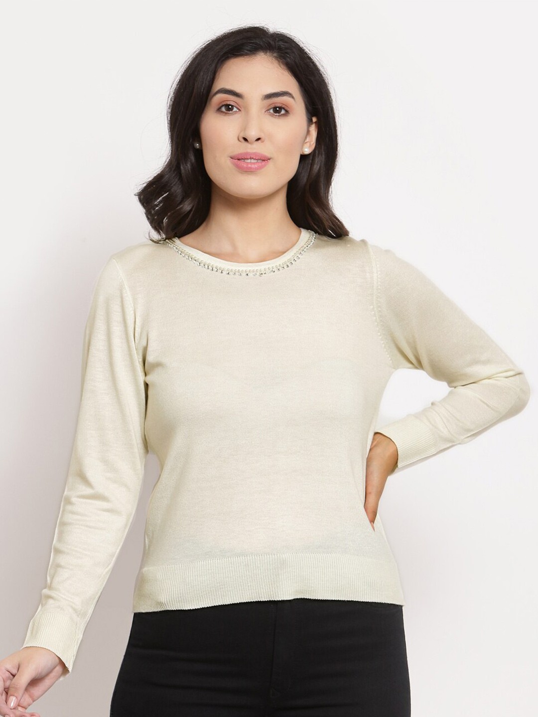 

KLOTTHE Women Off White Solid Wool Sweater Vest