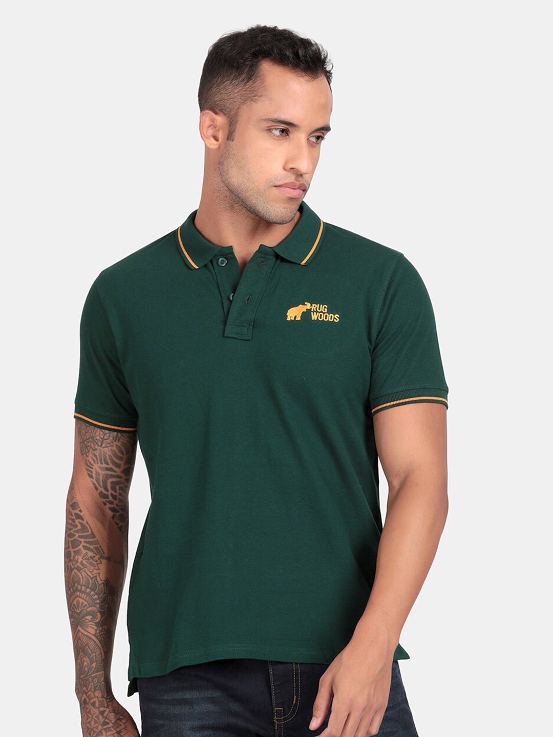 

RUG WOODS Men Green & Yellow Polo Collar T-shirt & Plus Size