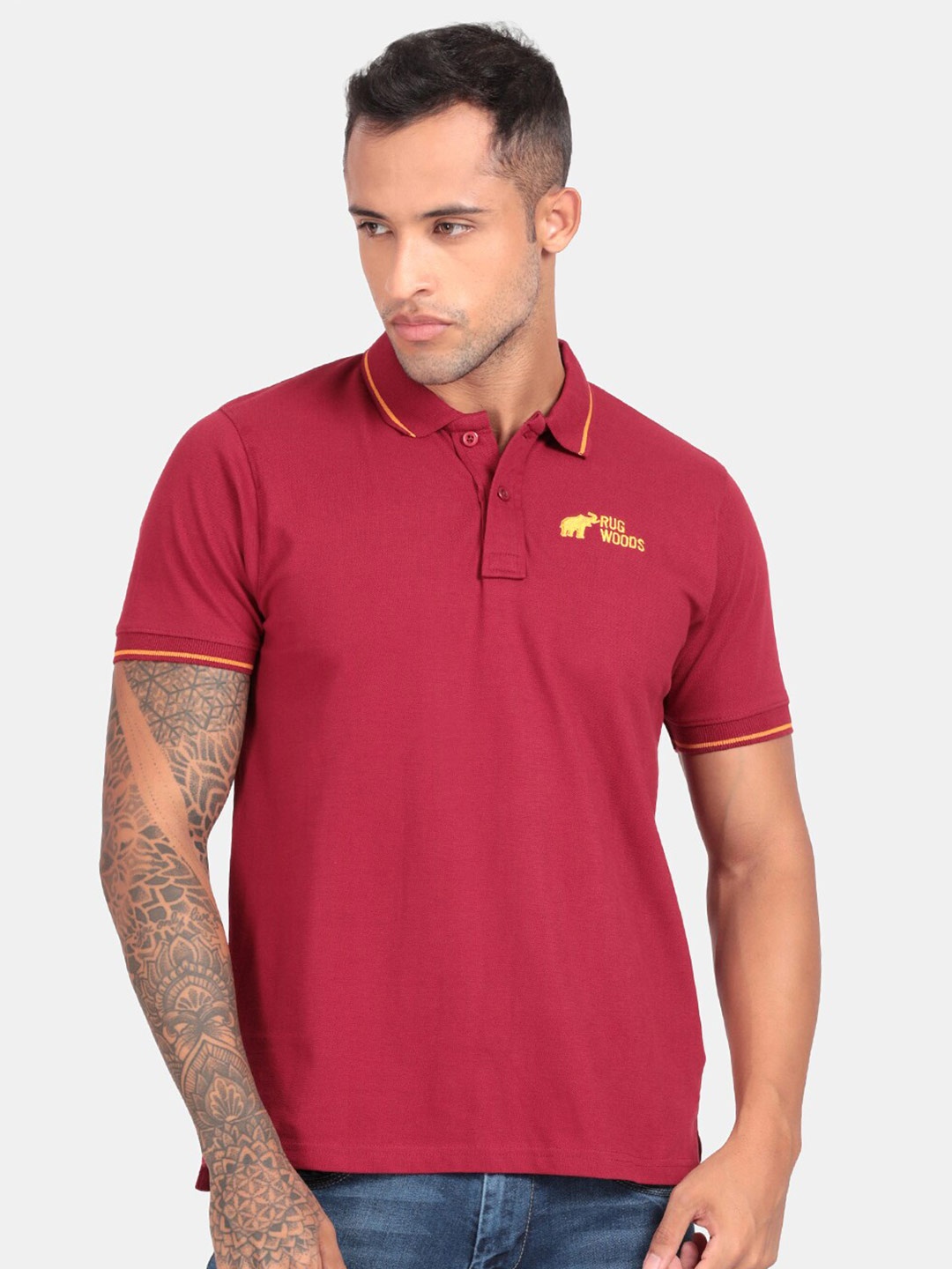 

RUG WOODS Men Maroon Solid Cotton Polo Collar T-shirt