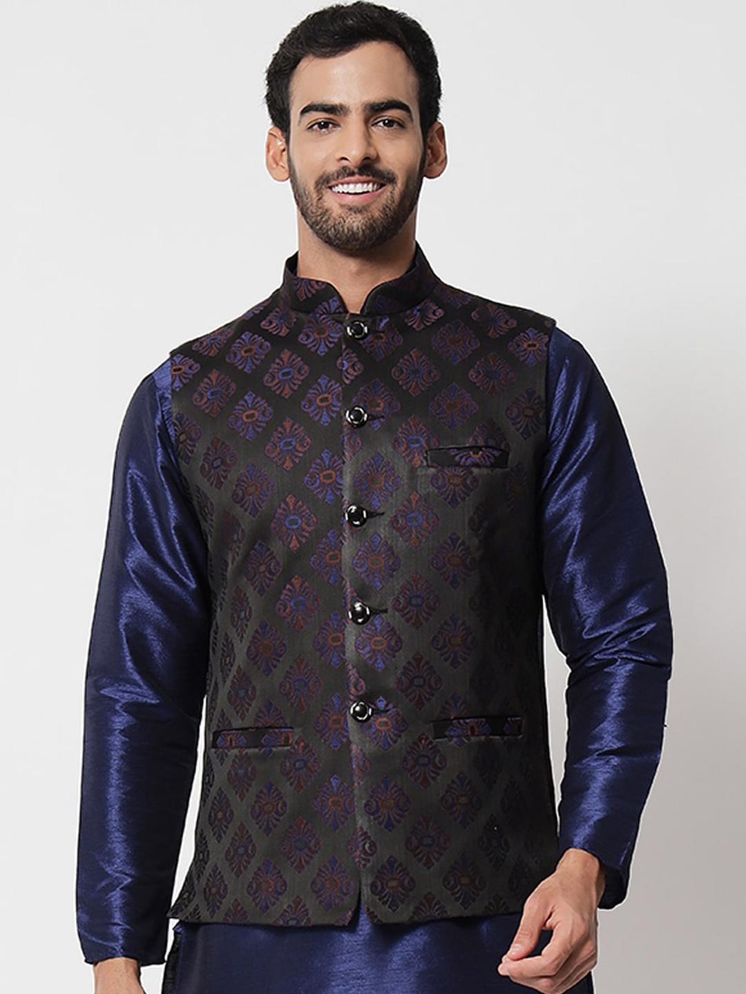 

SG LEMAN Men Navy Blue Woven Design Satin Nehru Jackets