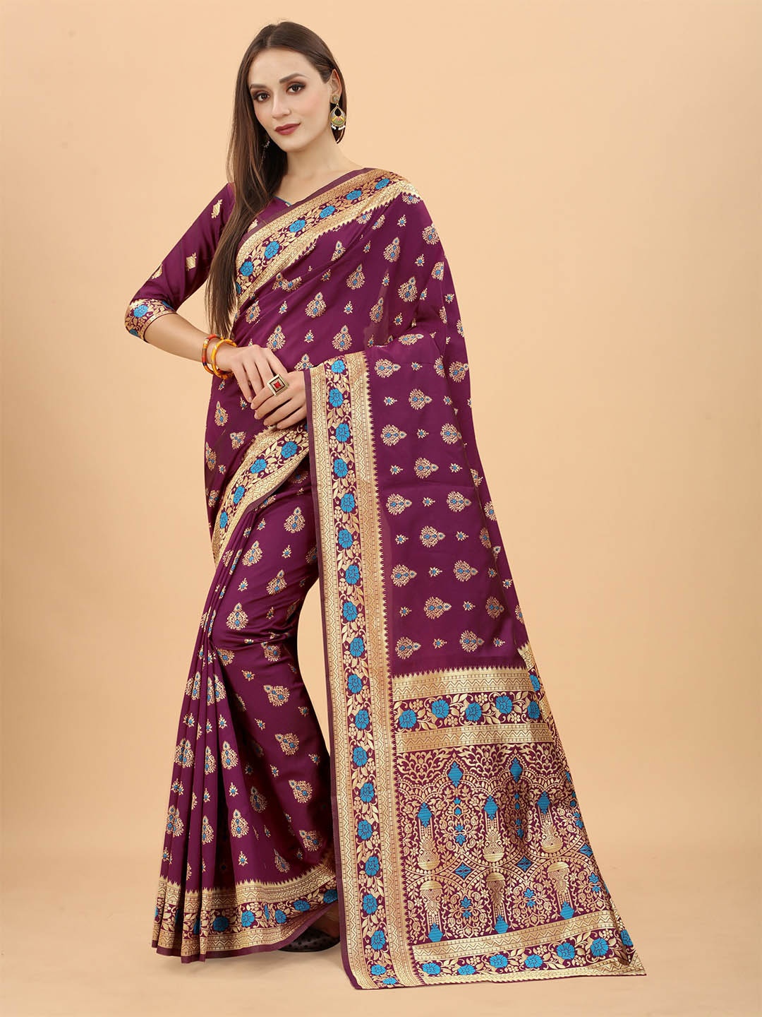 

INDI AVTAAR Burgundy & Gold-Toned Woven Design Zari Silk Cotton Heavy Work Banarasi Saree