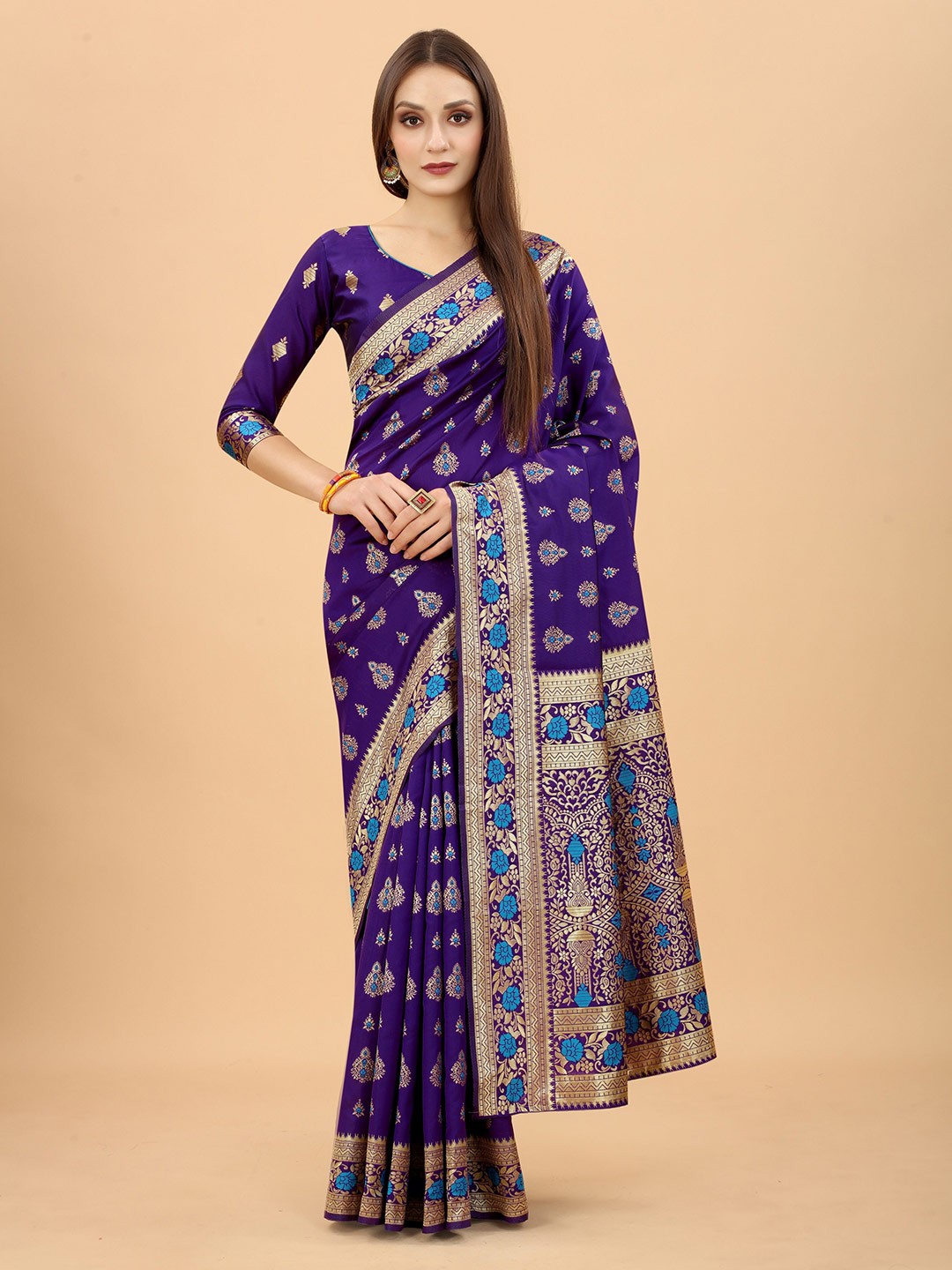 

INDI AVTAAR Blue & Gold-Toned Woven Design Zari Silk Cotton Heavy Work Banarasi Saree