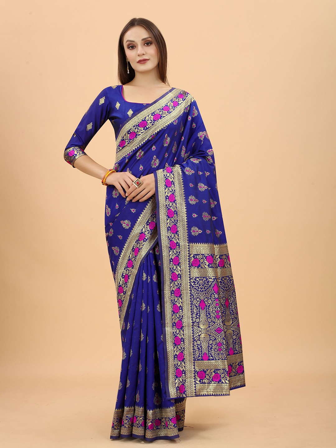 

INDI AVTAAR Blue & Gold-Toned Woven Design Zari Silk Cotton Heavy Work Banarasi Saree